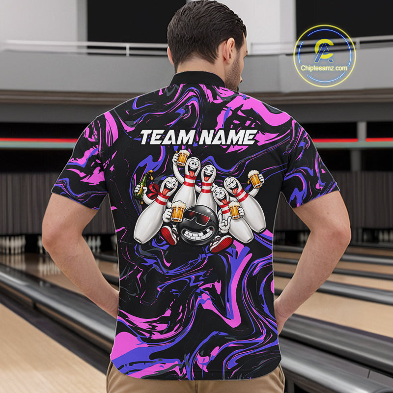 Custom Purple And Pink Funny Drunk Beer Bowling Balls And Pins Bowling Team Shirts