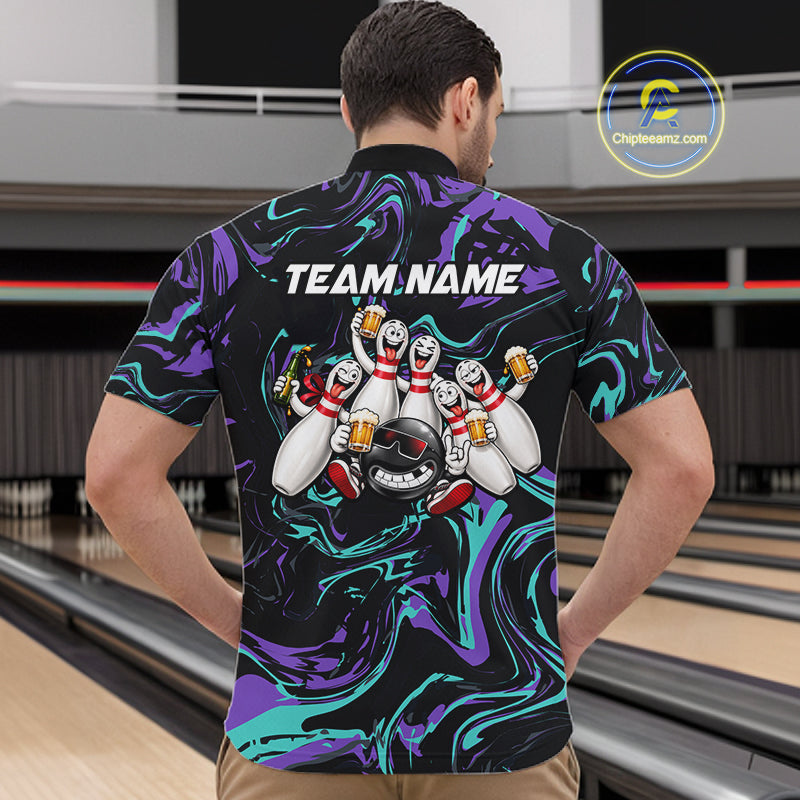 Custom Teal And Purple Funny Drunk Beer Bowling Balls And Pins Bowling Team Shirts