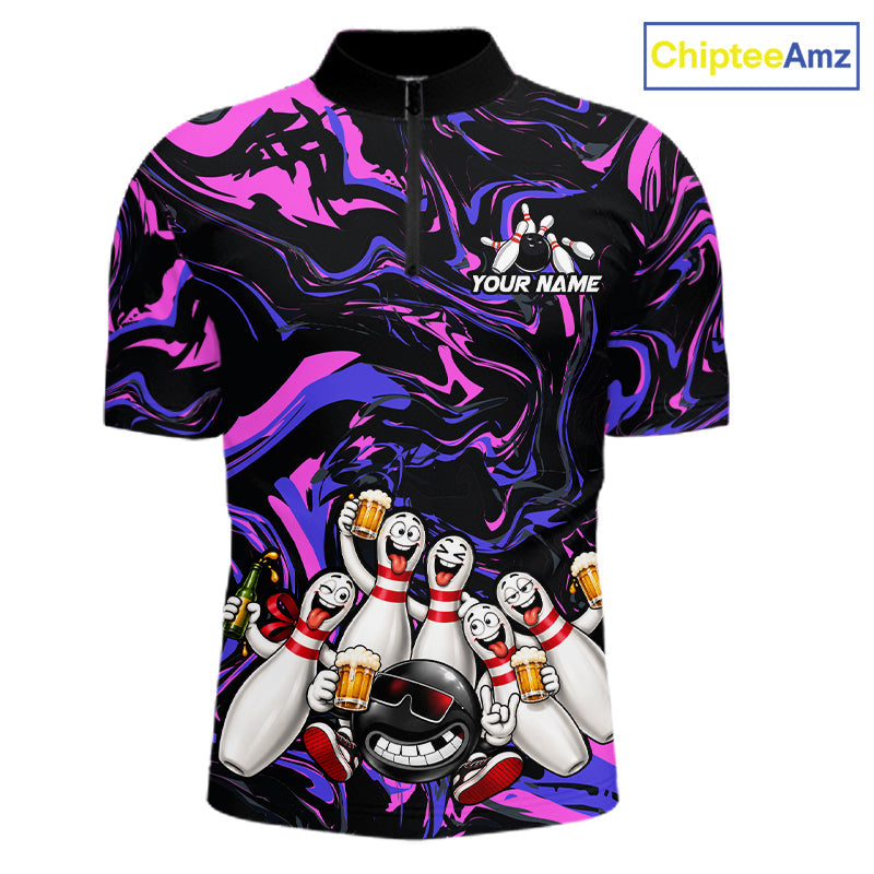 Custom Purple And Pink Funny Drunk Beer Bowling Balls And Pins Bowling Team Shirts