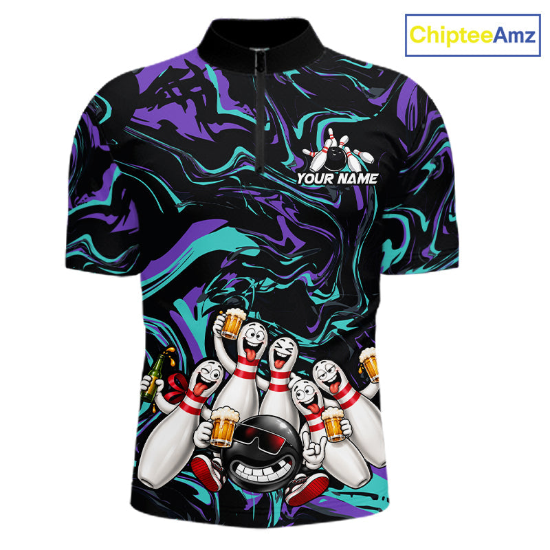 Custom Teal And Purple Funny Drunk Beer Bowling Balls And Pins Bowling Team Shirts