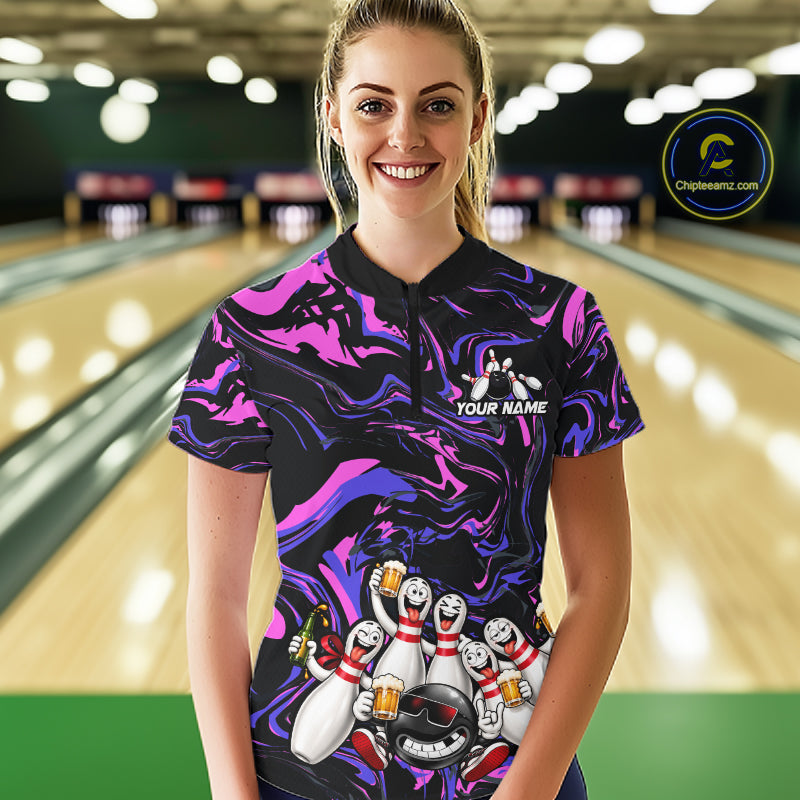 Custom Purple And Pink Funny Drunk Beer Bowling Balls And Pins Bowling Team Shirts