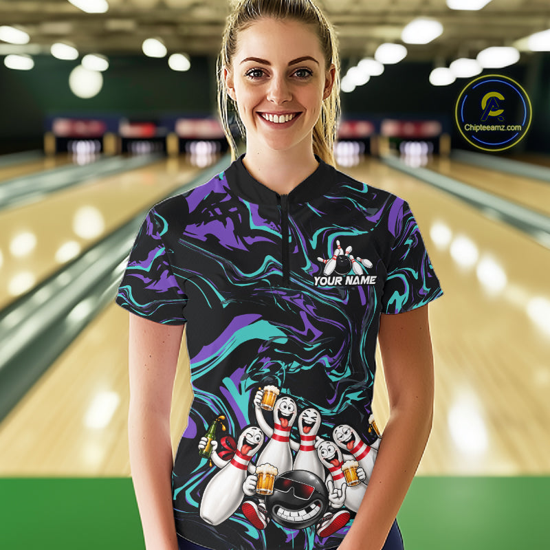 Custom Teal And Purple Funny Drunk Beer Bowling Balls And Pins Bowling Team Shirts