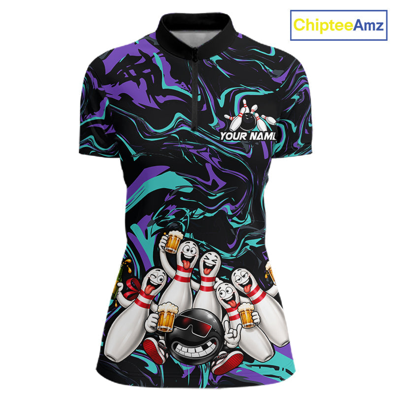 Custom Teal And Purple Funny Drunk Beer Bowling Balls And Pins Bowling Team Shirts