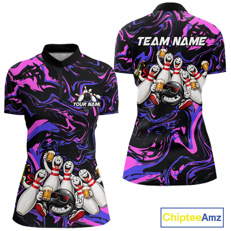 Custom Purple And Pink Funny Drunk Beer Bowling Balls And Pins Bowling Team Shirts