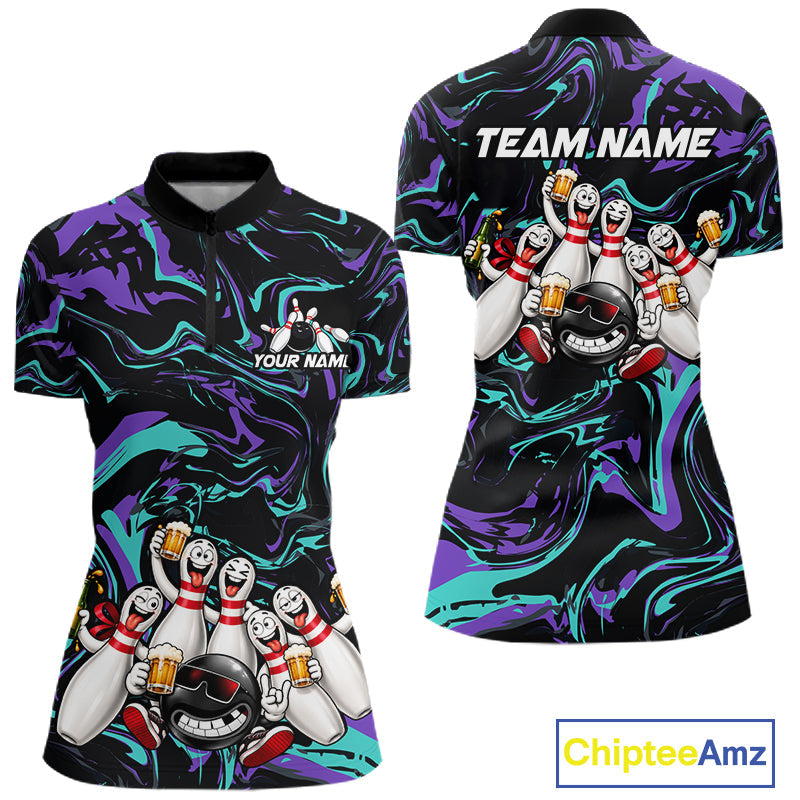 Custom Teal And Purple Funny Drunk Beer Bowling Balls And Pins Bowling Team Shirts