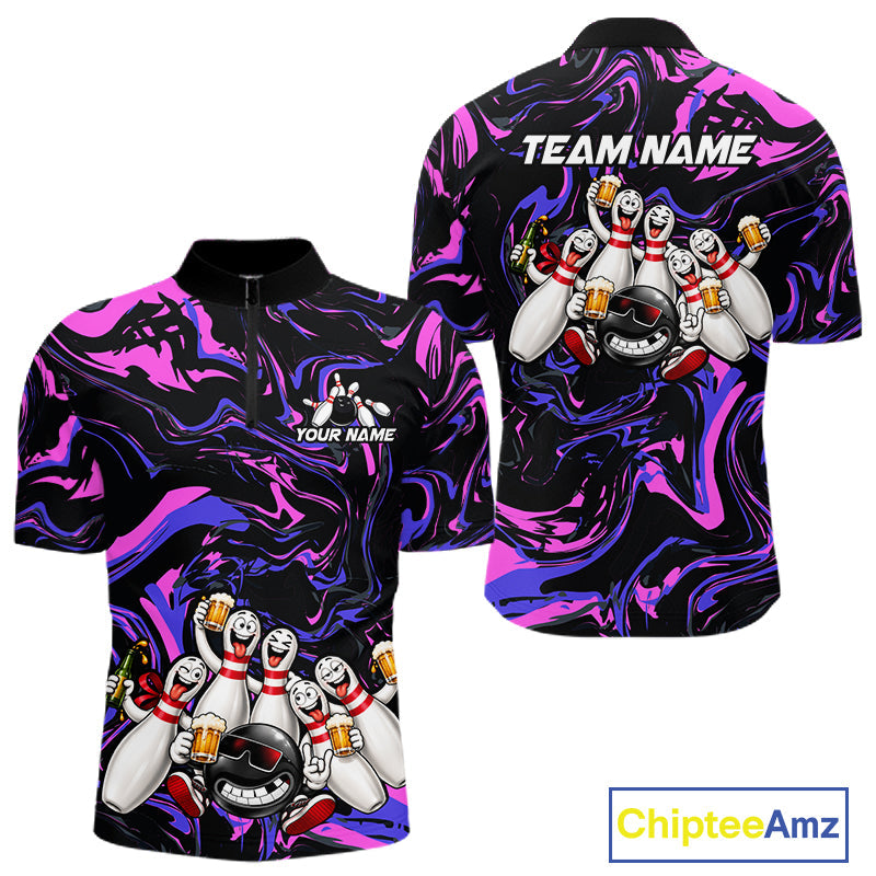 Custom Purple And Pink Funny Drunk Beer Bowling Balls And Pins Bowling Team Shirts