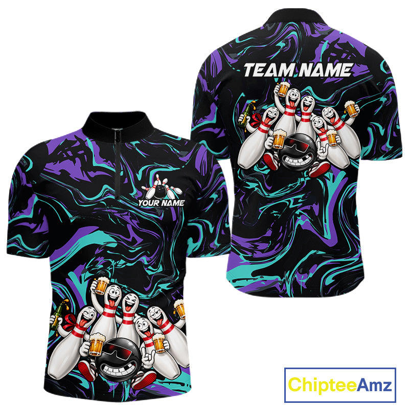 Custom Teal And Purple Funny Drunk Beer Bowling Balls And Pins Bowling Team Shirts