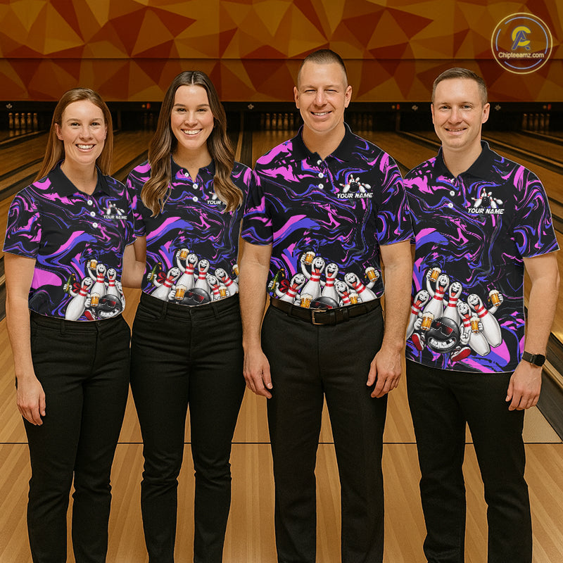 Custom Purple And Pink Funny Drunk Beer Bowling Balls And Pins Bowling Team Shirts