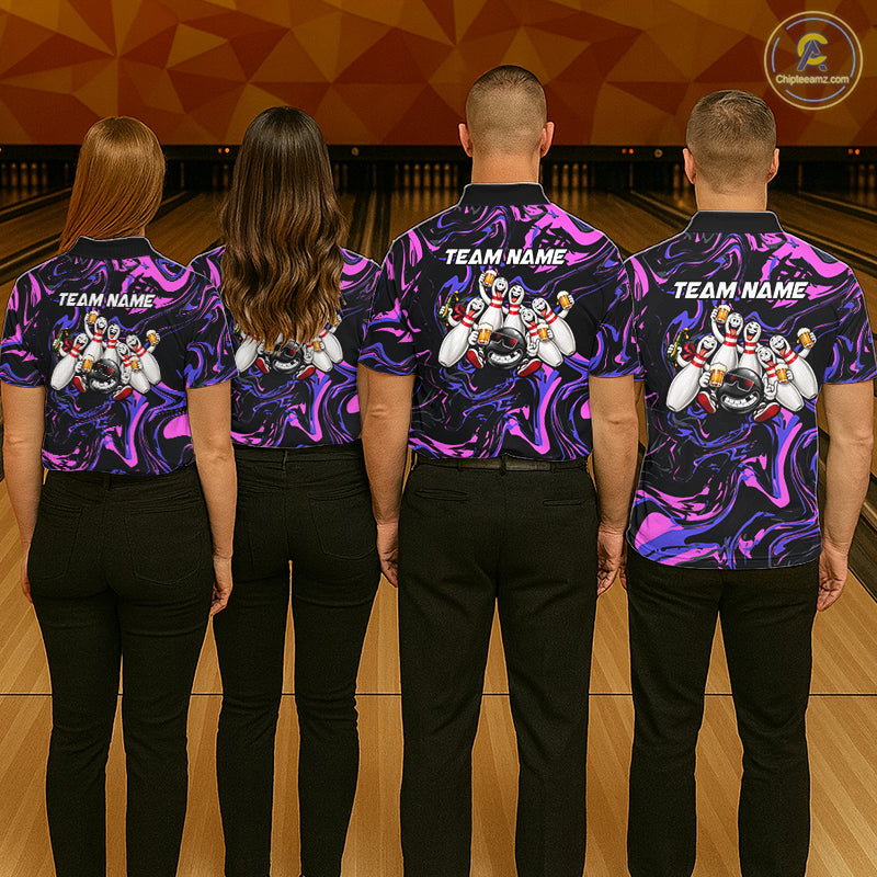 Custom Purple And Pink Funny Drunk Beer Bowling Balls And Pins Bowling Team Shirts