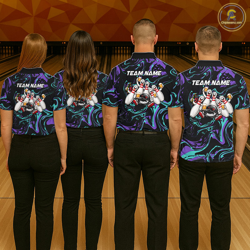 Custom Teal And Purple Funny Drunk Beer Bowling Balls And Pins Bowling Team Shirts