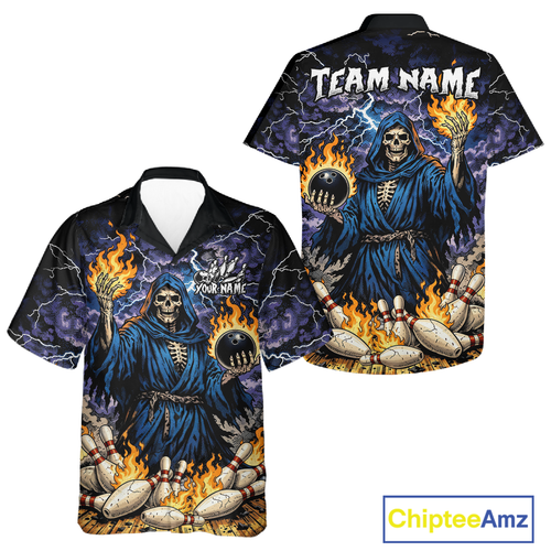 Custom Flame Grim Reaper Hawaiian Bowling Jersey Bowling Team Shirts Bowling League