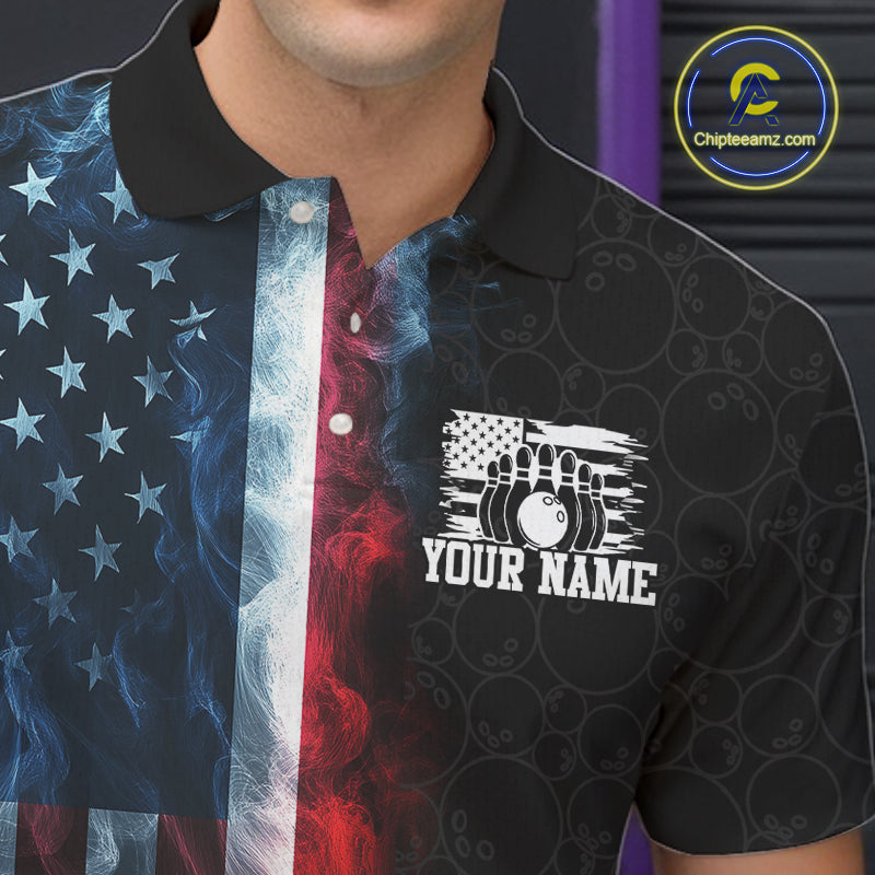 Custom Smoke American Flag Bowling Jersey Bowling Polo & 1/4 Zip Bowling Team Shirt