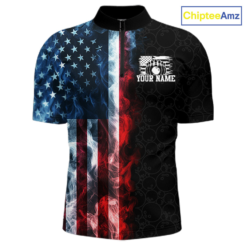 Custom Smoke American Flag Bowling Jersey Bowling Polo & 1/4 Zip Bowling Team Shirt