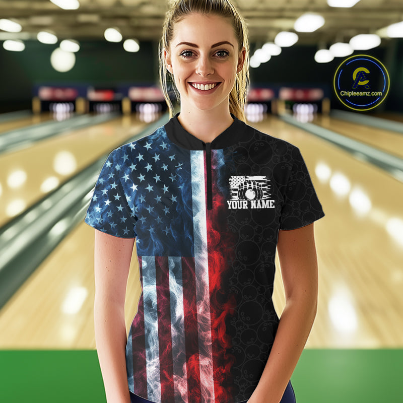 Custom Smoke American Flag Bowling Jersey Bowling Polo & 1/4 Zip Bowling Team Shirt