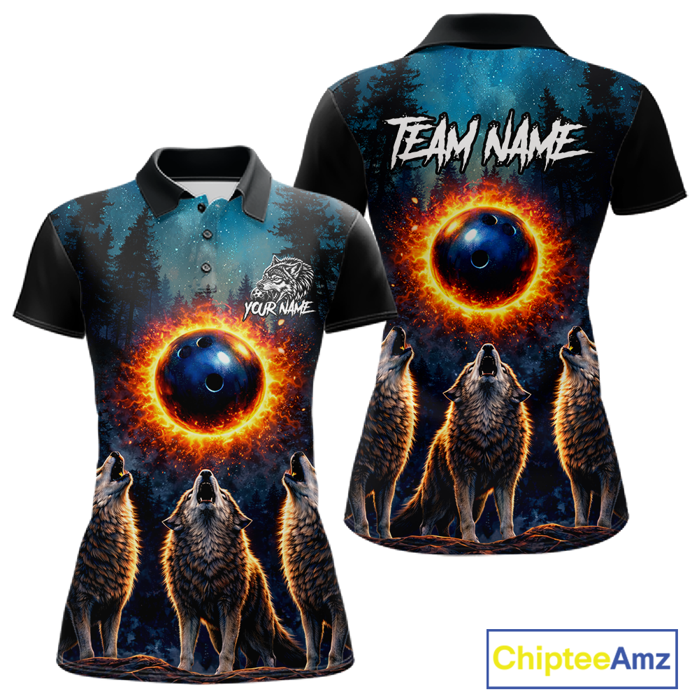 Flame Wolf Bowling Jersey Bowling Uniform Polo &1/4 Zip Custom Bowling Team Shirts