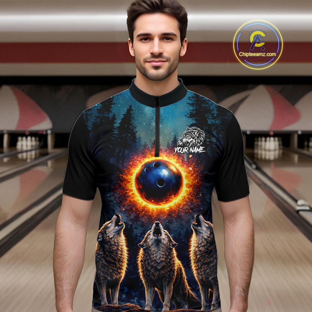 Flame Wolf Bowling Jersey Bowling Uniform Polo &1/4 Zip Custom Bowling Team Shirts