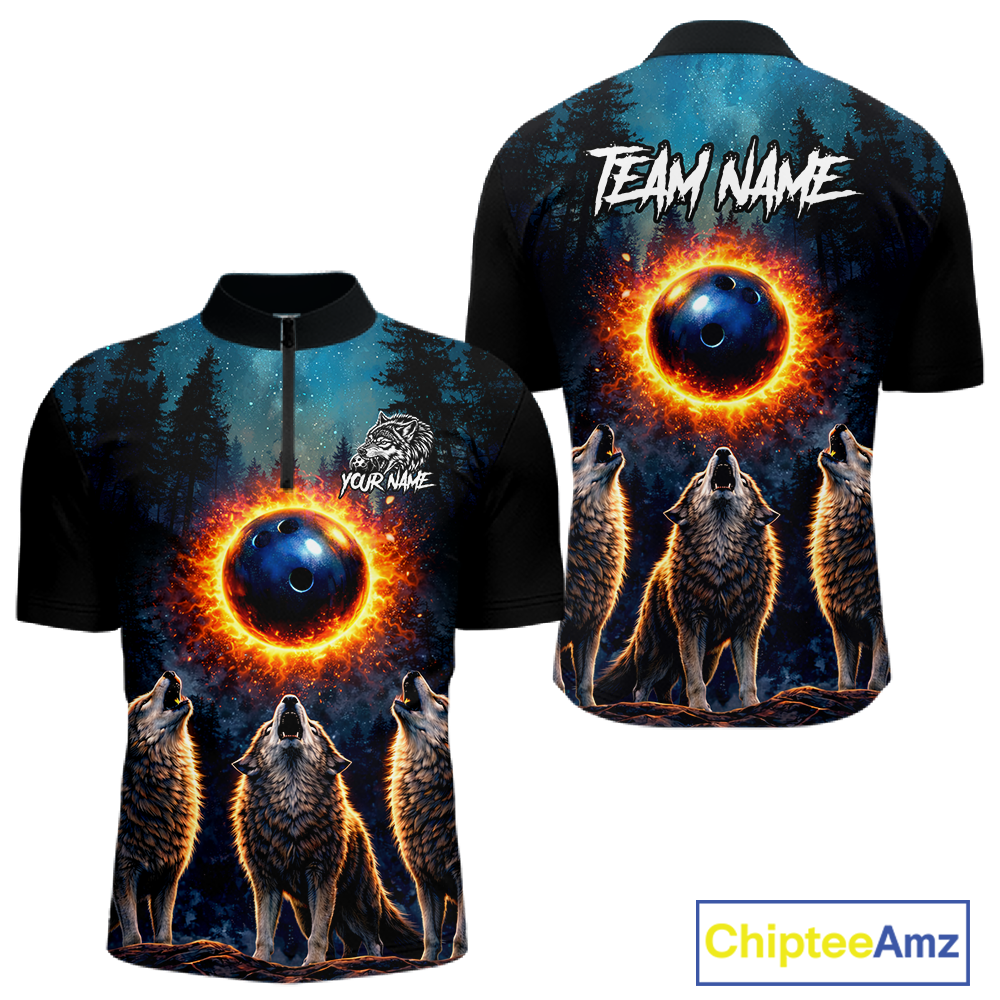 Flame Wolf Bowling Jersey Bowling Uniform Polo &1/4 Zip Custom Bowling Team Shirts