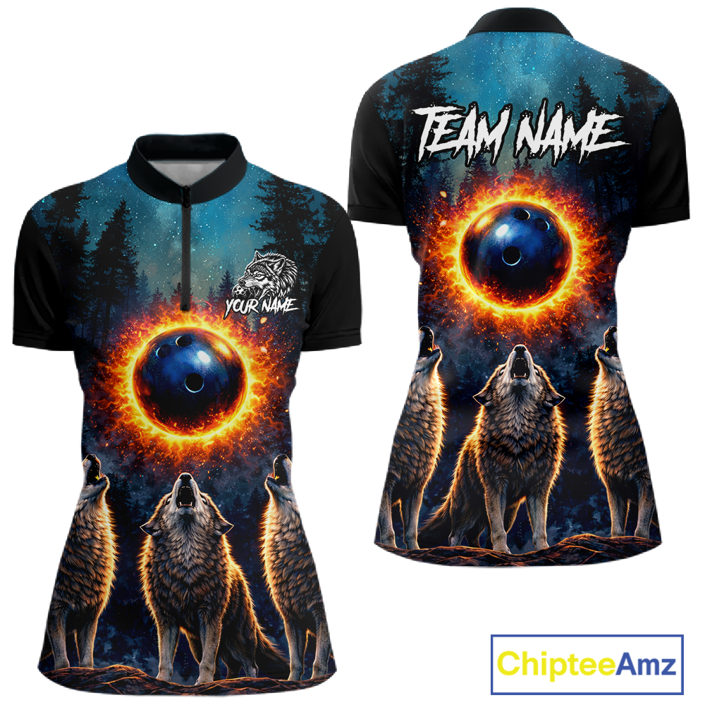 Flame Wolf Bowling Jersey Bowling Uniform Polo &1/4 Zip Custom Bowling Team Shirts