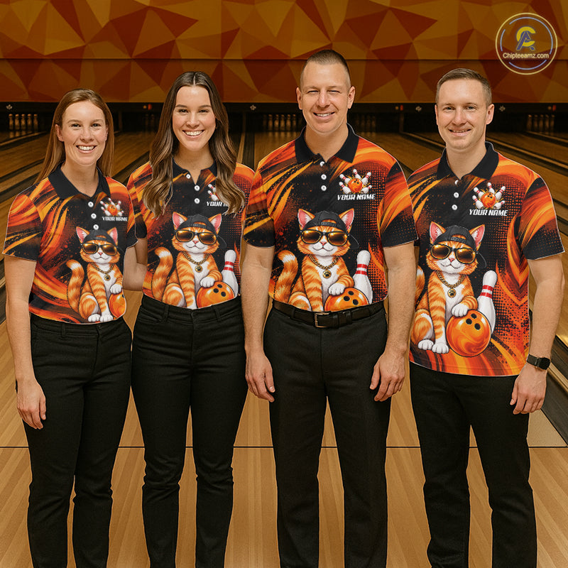 Custom Orange Funny Cat Bowling Jerseys Bowling Team Jerseys Bowling for Bowlers