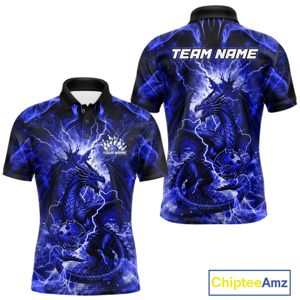 Custom Blue Lightning Dragon Bowling Team Shirts Bowling Jerseys Polo & 1/4 Zip