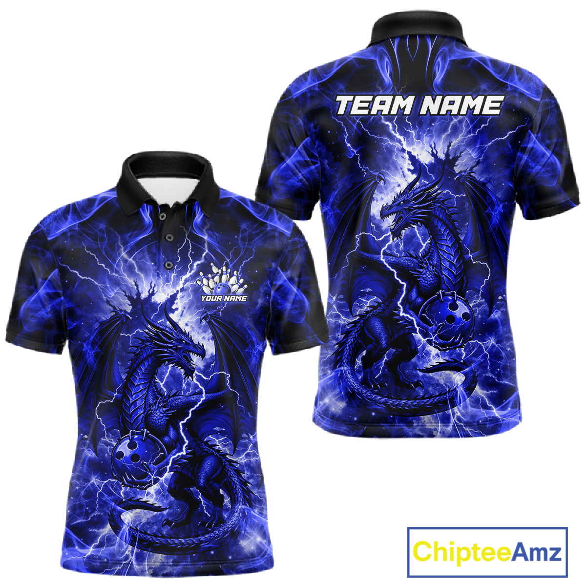 Custom Blue Lightning Dragon Bowling Team Shirts Bowling Jerseys Polo & 1/4 Zip