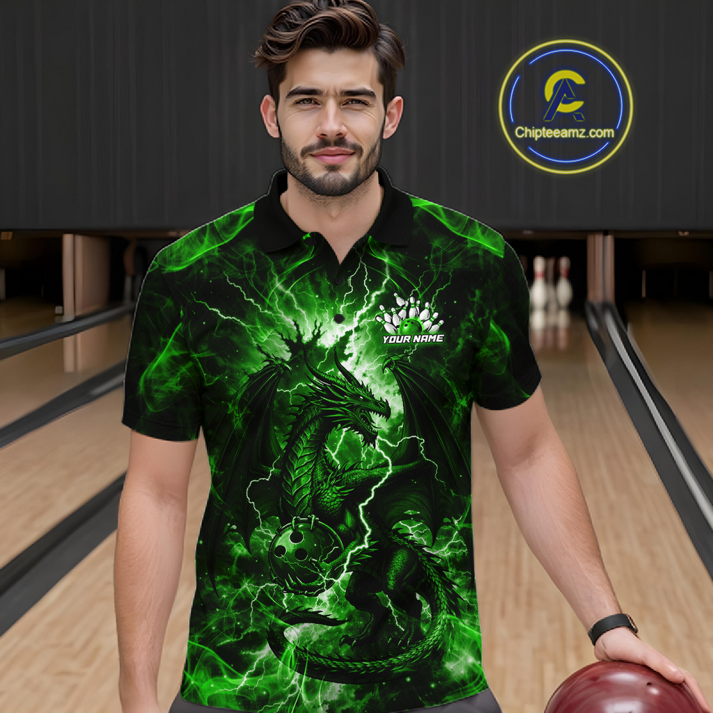 Custom Green Lightning Dragon Bowling Team Shirts Bowling Jerseys Polo & 1/4 Zip