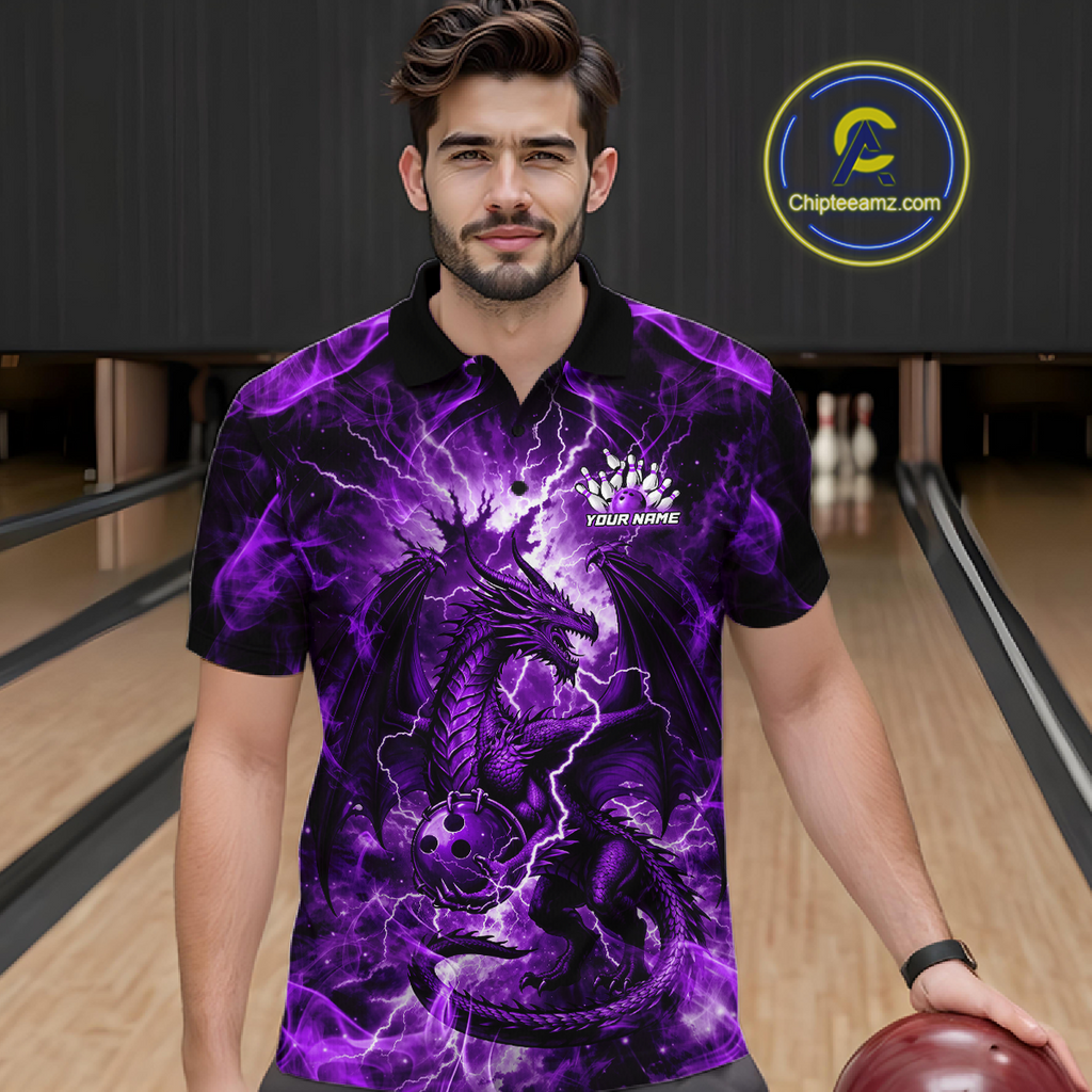 Custom Purple Lightning Dragon Bowling Team Shirts Bowling Jerseys Polo & 1/4 Zip