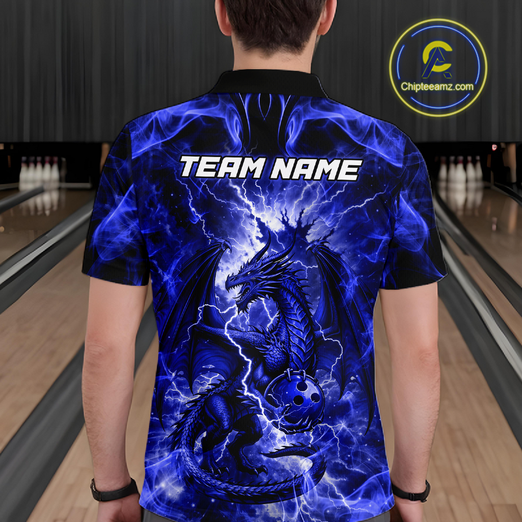 Custom Blue Lightning Dragon Bowling Team Shirts Bowling Jerseys Polo & 1/4 Zip