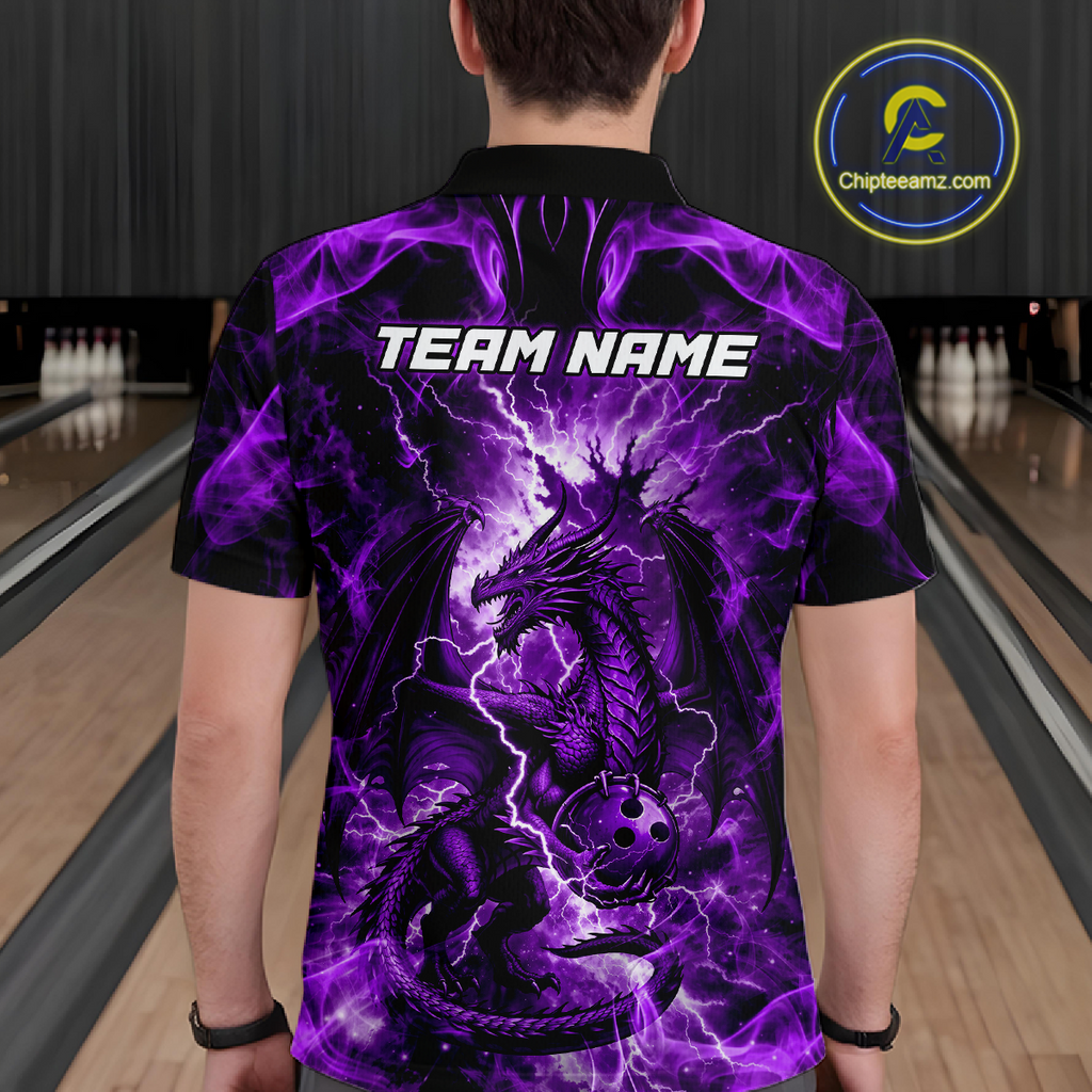 Custom Purple Lightning Dragon Bowling Team Shirts Bowling Jerseys Polo & 1/4 Zip