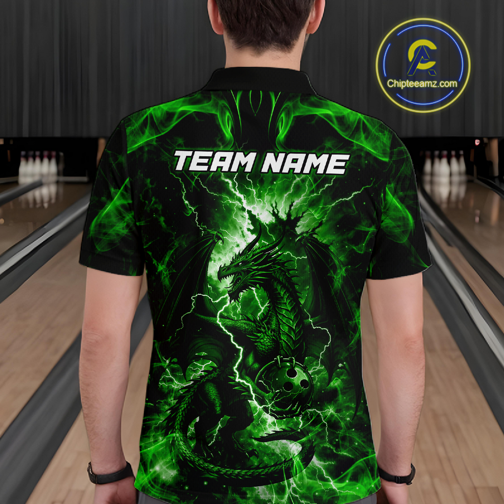Custom Green Lightning Dragon Bowling Team Shirts Bowling Jerseys Polo & 1/4 Zip