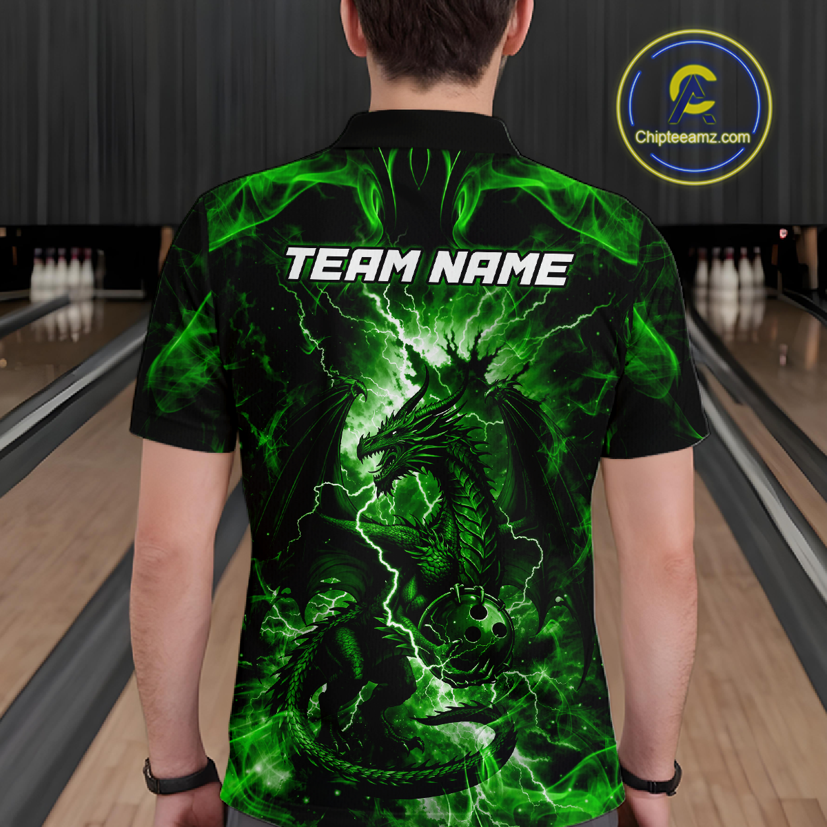 Custom Green Lightning Dragon Bowling Team Shirts Bowling Jerseys Polo & 1/4 Zip