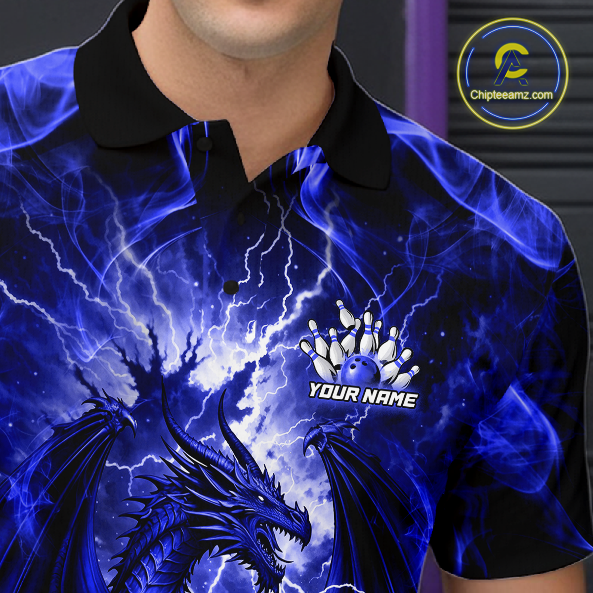Custom Blue Lightning Dragon Bowling Team Shirts Bowling Jerseys Polo & 1/4 Zip