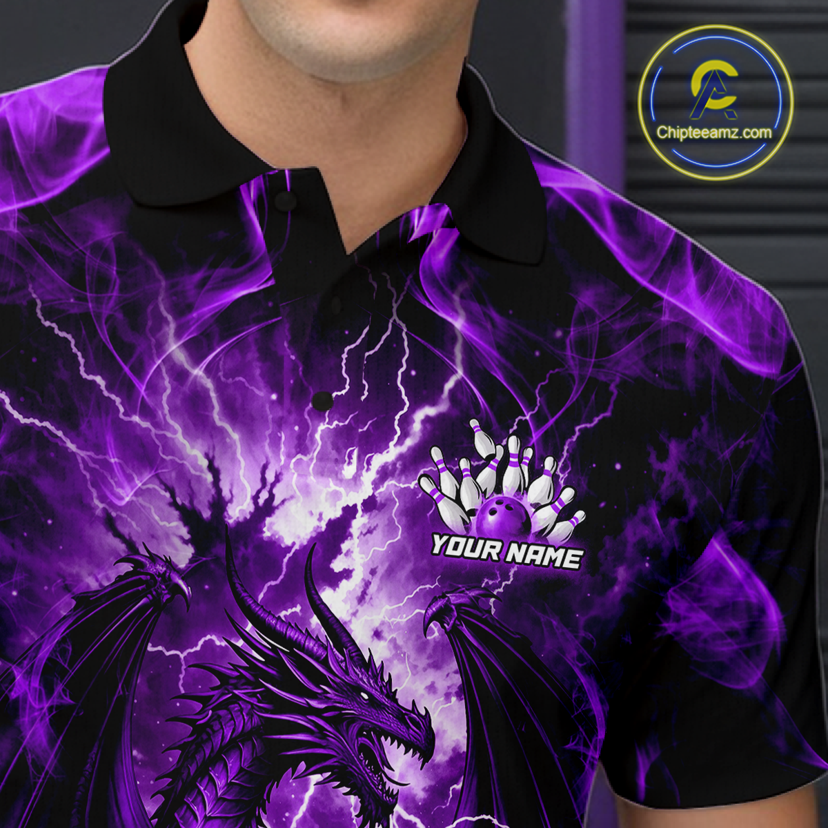Custom Purple Lightning Dragon Bowling Team Shirts Bowling Jerseys Polo & 1/4 Zip