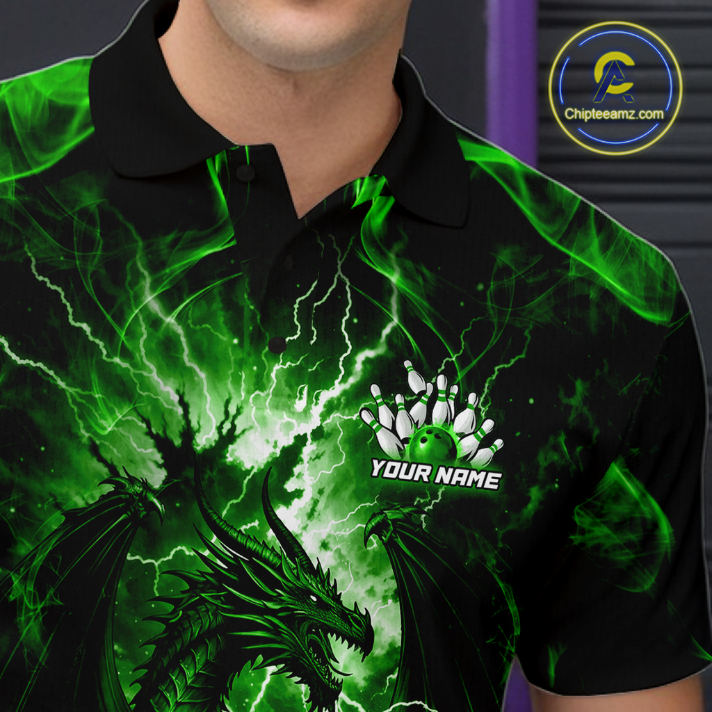 Custom Green Lightning Dragon Bowling Team Shirts Bowling Jerseys Polo & 1/4 Zip