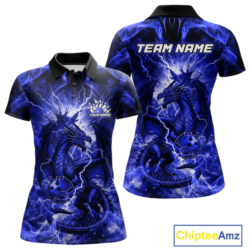 Custom Blue Lightning Dragon Bowling Team Shirts Bowling Jerseys Polo & 1/4 Zip