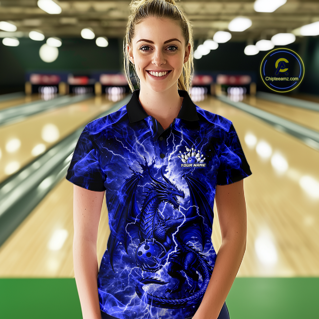 Custom Blue Lightning Dragon Bowling Team Shirts Bowling Jerseys Polo & 1/4 Zip