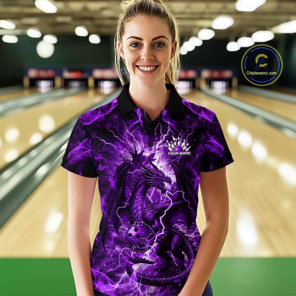 Custom Purple Lightning Dragon Bowling Team Shirts Bowling Jerseys Polo & 1/4 Zip