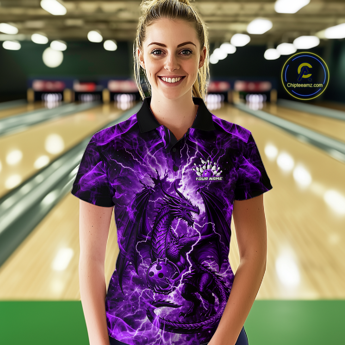 Custom Purple Lightning Dragon Bowling Team Shirts Bowling Jerseys Polo & 1/4 Zip