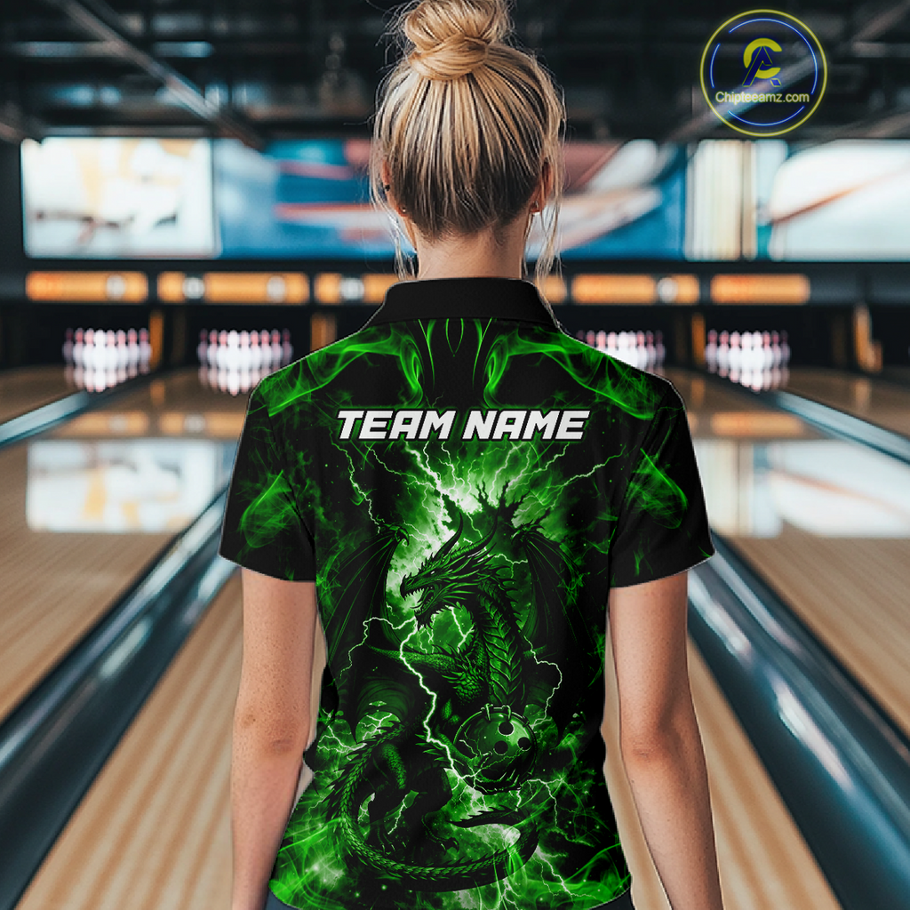 Custom Green Lightning Dragon Bowling Team Shirts Bowling Jerseys Polo & 1/4 Zip