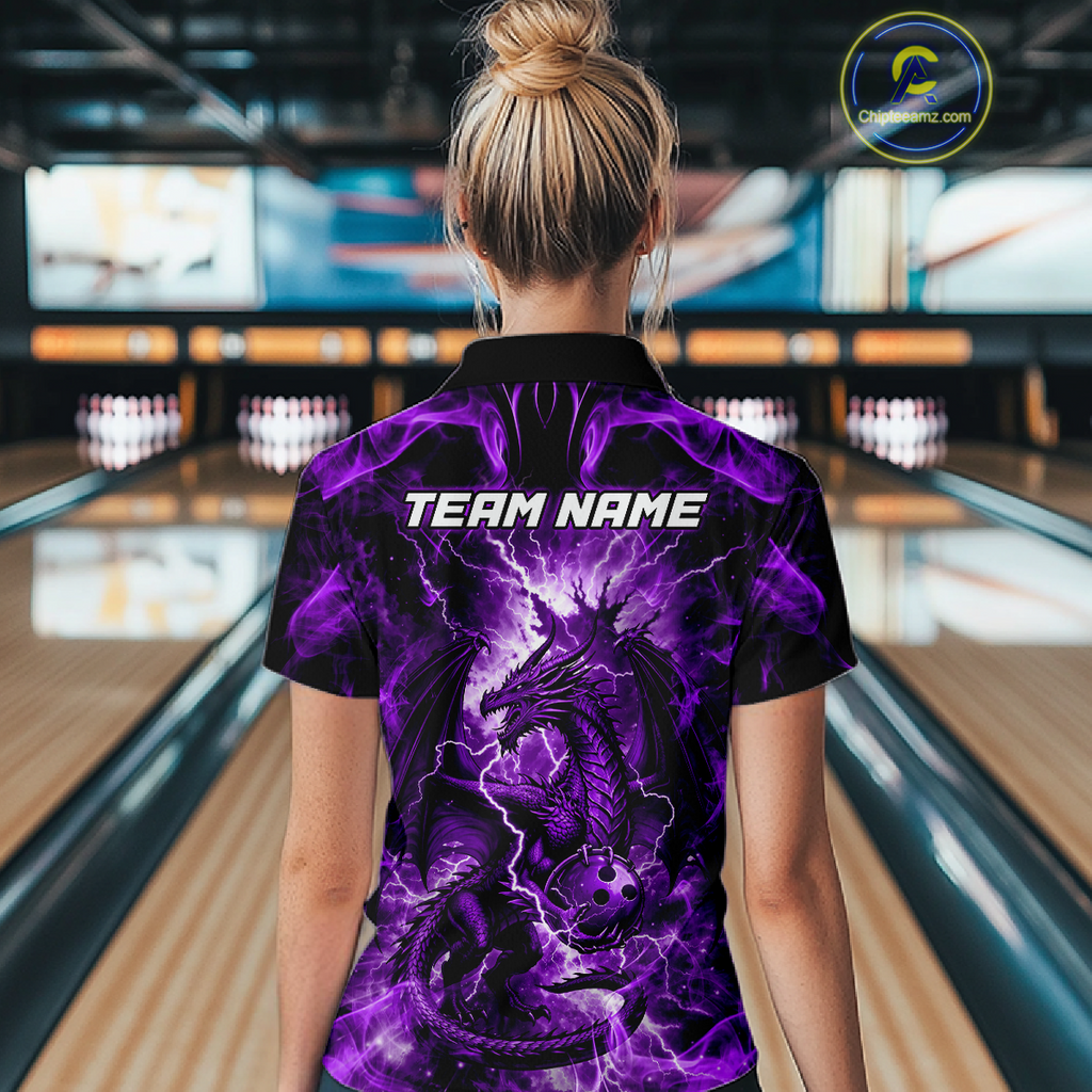 Custom Purple Lightning Dragon Bowling Team Shirts Bowling Jerseys Polo & 1/4 Zip