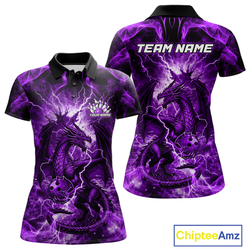 Custom Purple Lightning Dragon Bowling Team Shirts Bowling Jerseys Polo & 1/4 Zip