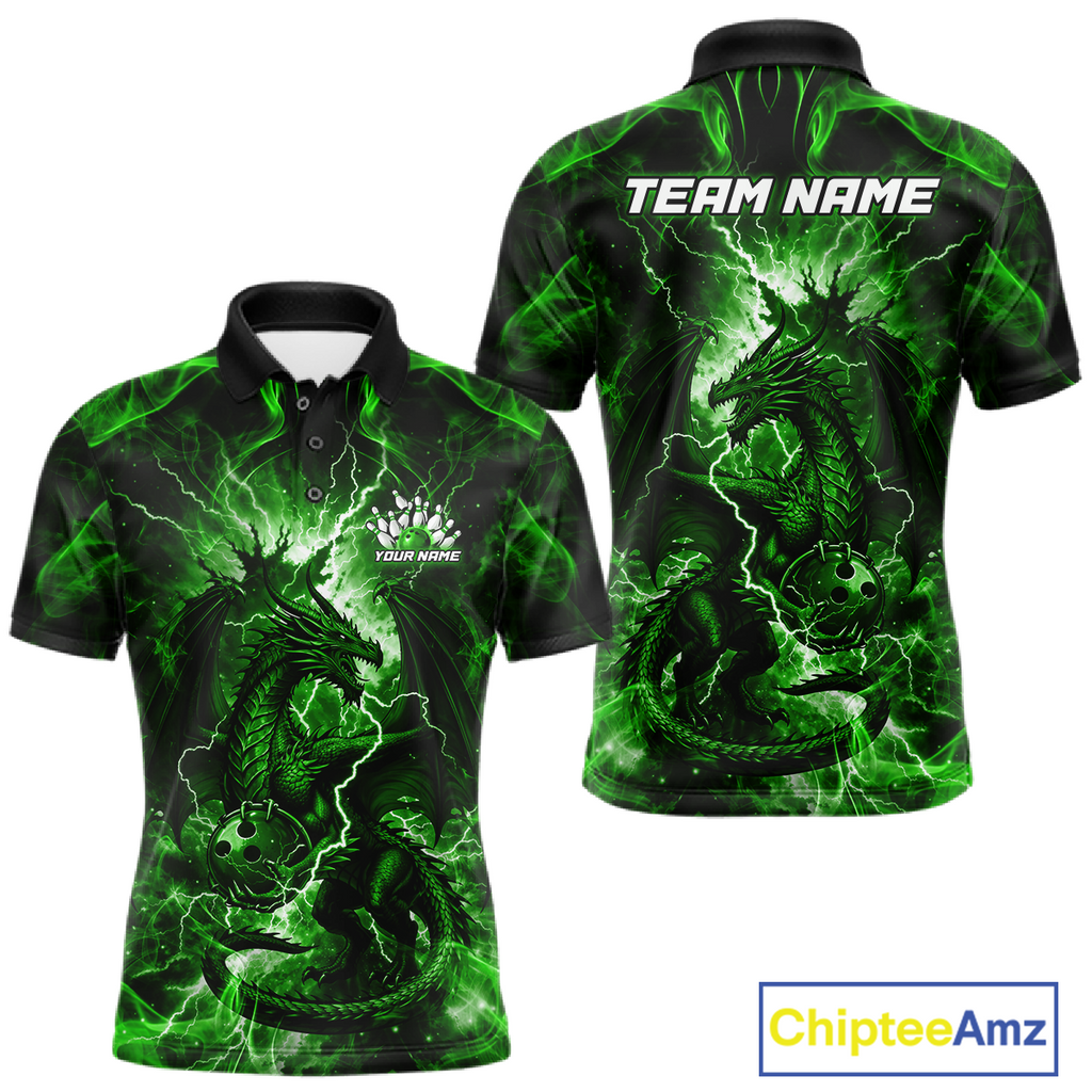 Custom Green Lightning Dragon Bowling Team Shirts Bowling Jerseys Polo & 1/4 Zip