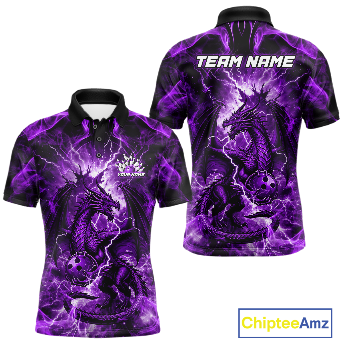 Custom Purple Lightning Dragon Bowling Team Shirts Bowling Jerseys Polo & 1/4 Zip
