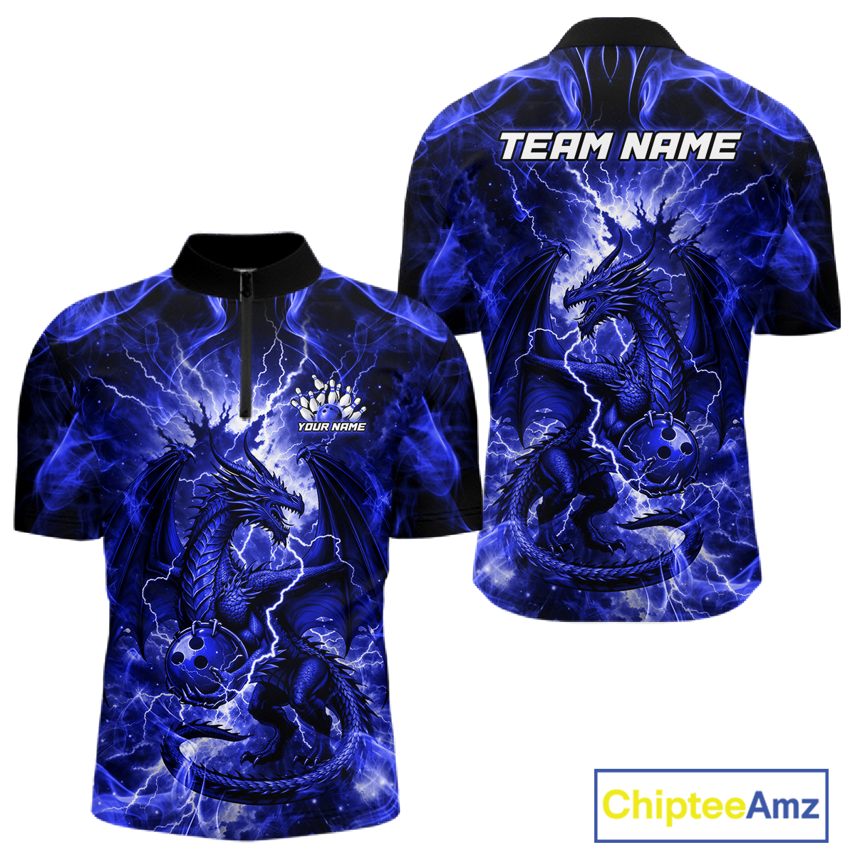 Custom Blue Lightning Dragon Bowling Team Shirts Bowling Jerseys Polo & 1/4 Zip