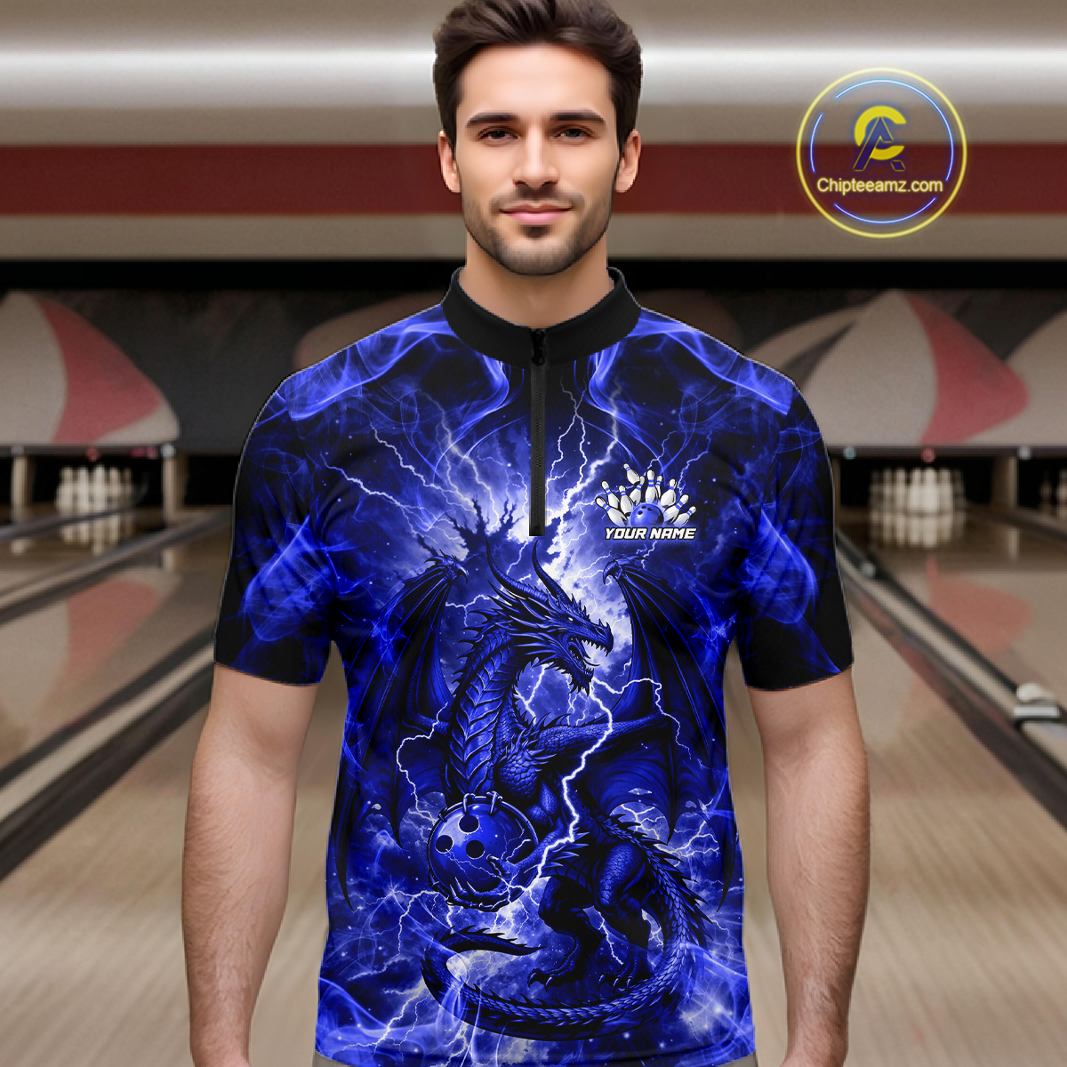 Custom Blue Lightning Dragon Bowling Team Shirts Bowling Jerseys Polo & 1/4 Zip