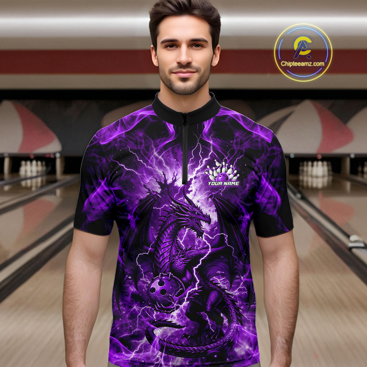 Custom Purple Lightning Dragon Bowling Team Shirts Bowling Jerseys Polo & 1/4 Zip