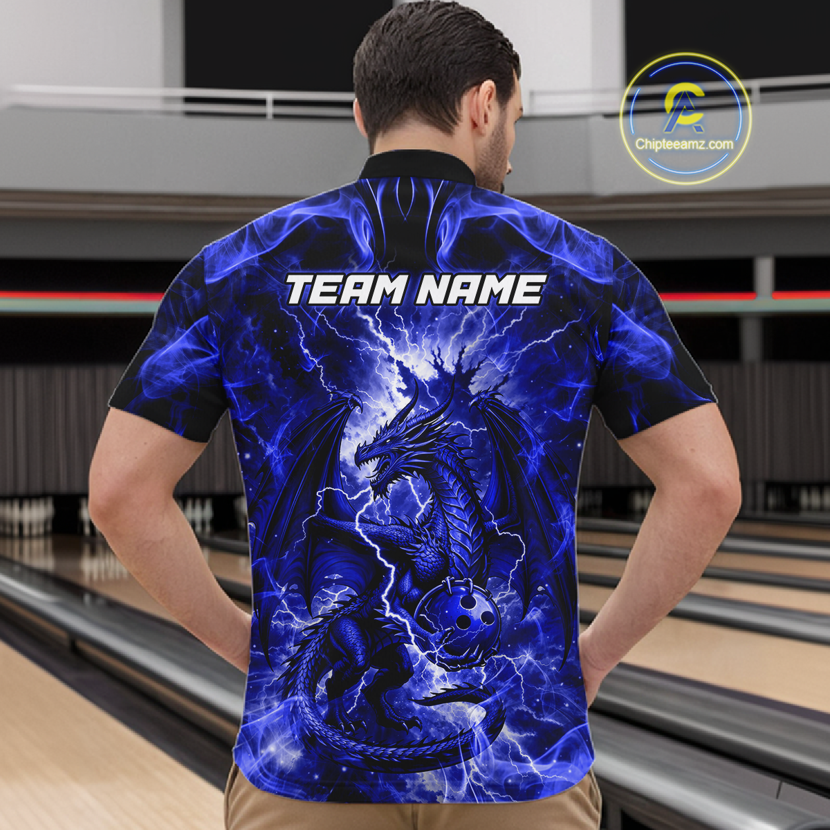 Custom Blue Lightning Dragon Bowling Team Shirts Bowling Jerseys Polo & 1/4 Zip