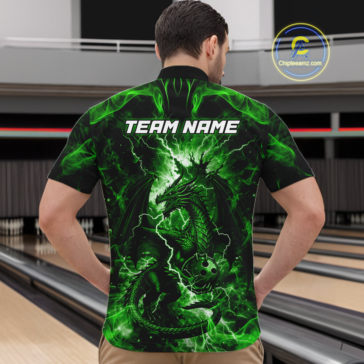Custom Green Lightning Dragon Bowling Team Shirts Bowling Jerseys Polo & 1/4 Zip