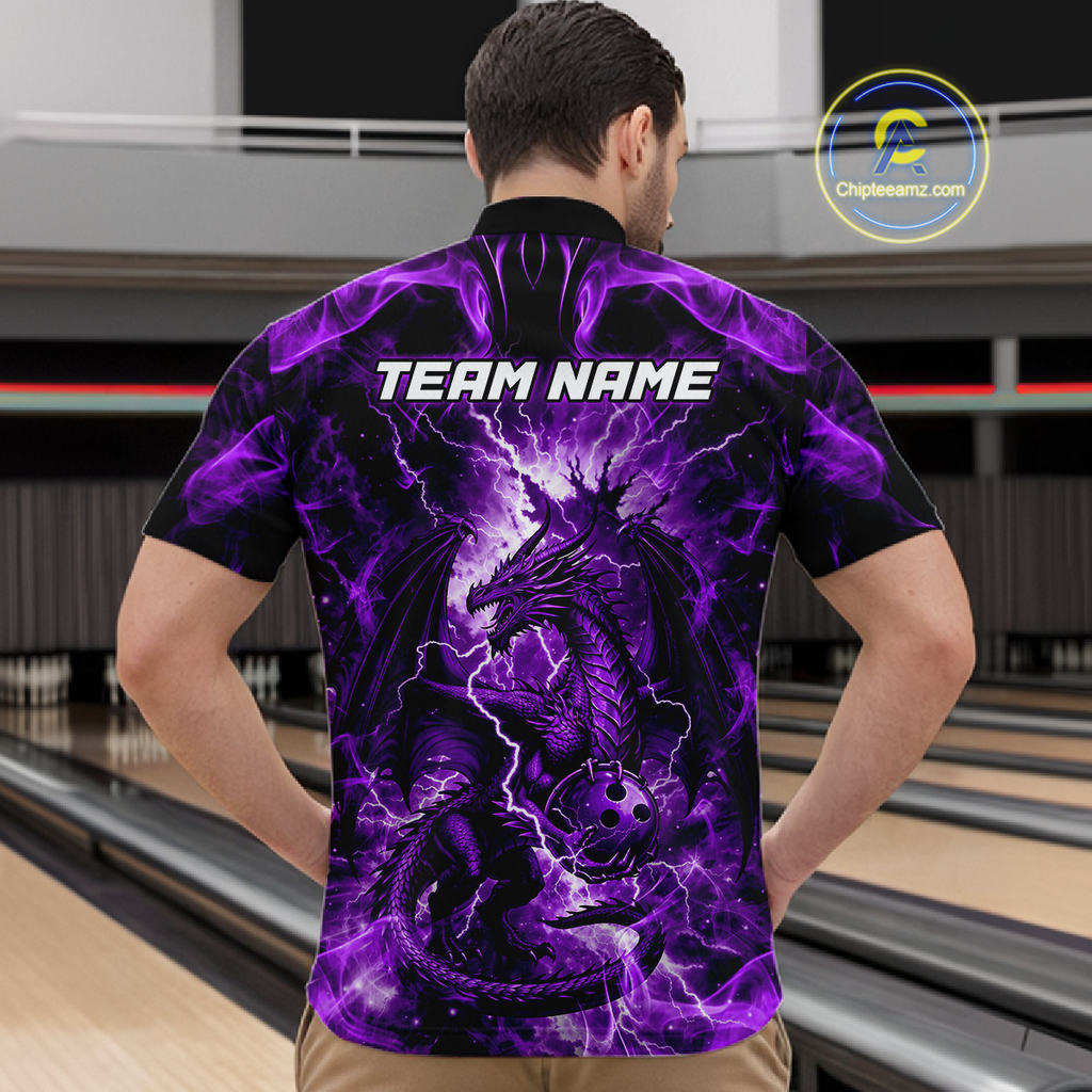 Custom Purple Lightning Dragon Bowling Team Shirts Bowling Jerseys Polo & 1/4 Zip
