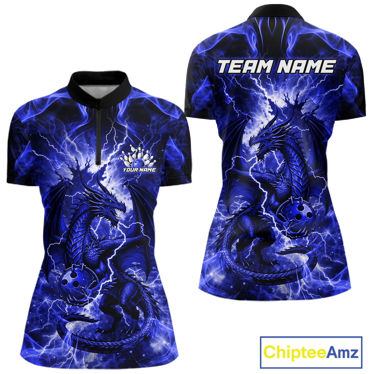 Custom Blue Lightning Dragon Bowling Team Shirts Bowling Jerseys Polo & 1/4 Zip